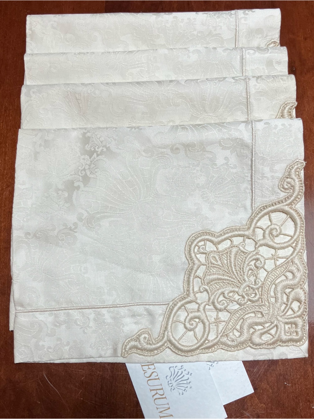 Jesurum Italian Cotton Cream Embroidered Napkins Damask (4) NEW Lace 14.5x18.5in